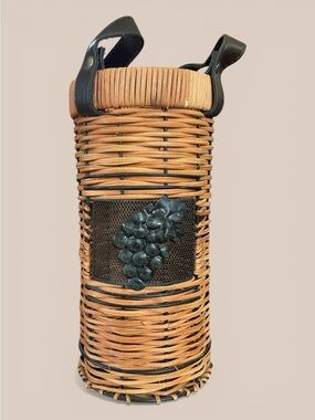 Vintage wine bottle carrier with straps, woven rattan, mesh and metal grapes